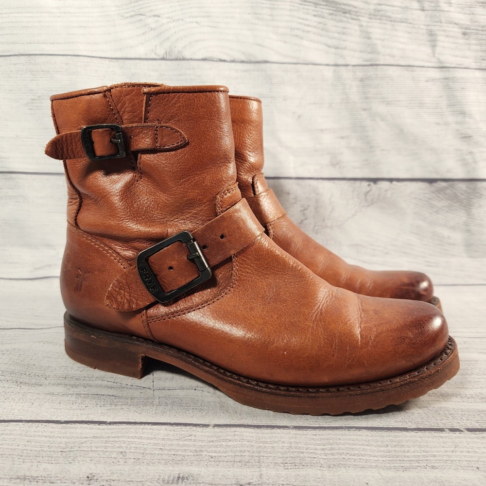 Frye Veronica Women's 6.5 Engineer Leather Ankle Boots Cognac Brown